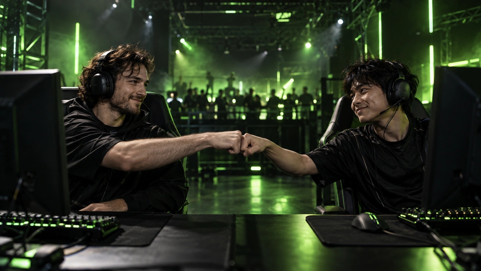 Original promotional image of two competitors sharing a fist bump in a lime-lit gaming arena