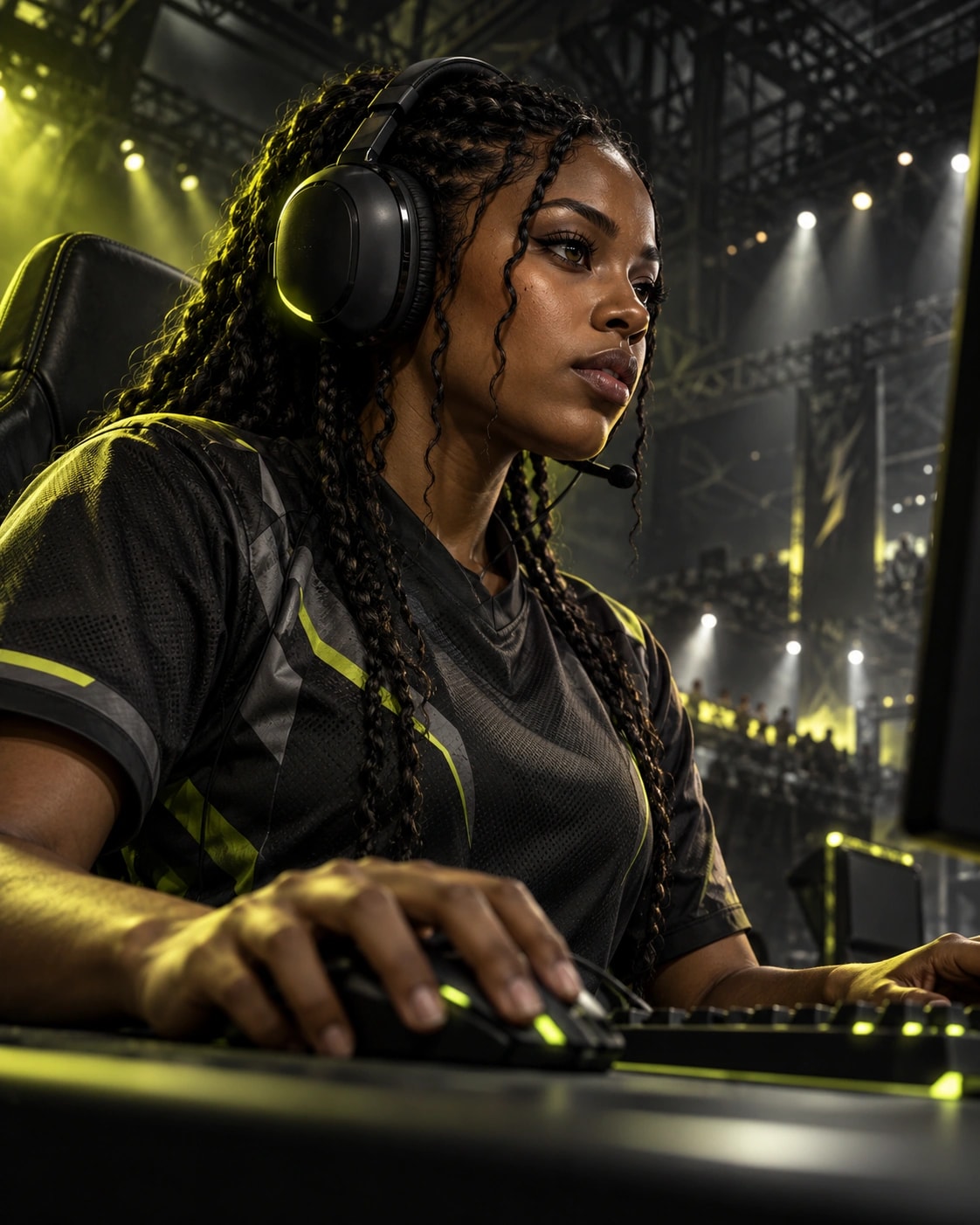 Original illustration of a focused competitive gamer at a tournament station
